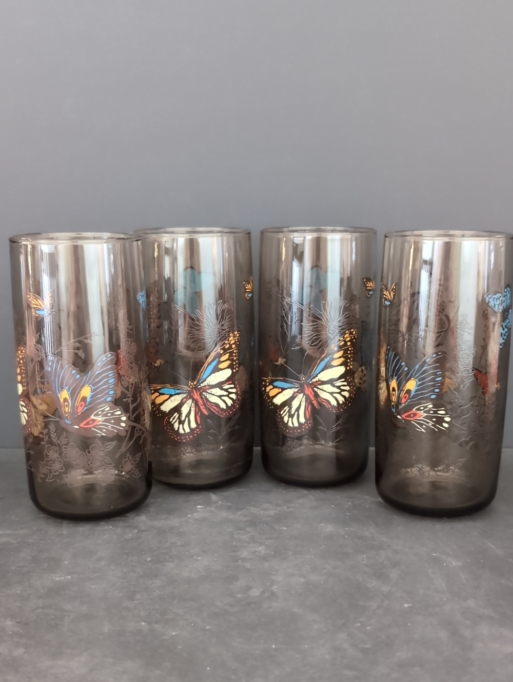 VGT,Set Of 4 Libby Smokey Glass Tumblers with Colorful Butterflies.